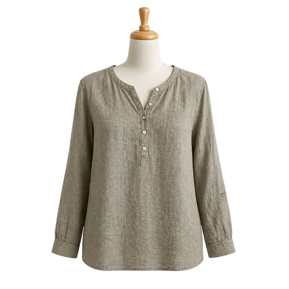 Jones New York Linen Tunic Women Large Olive Green Coastal Boho Henley Roll Tab‎